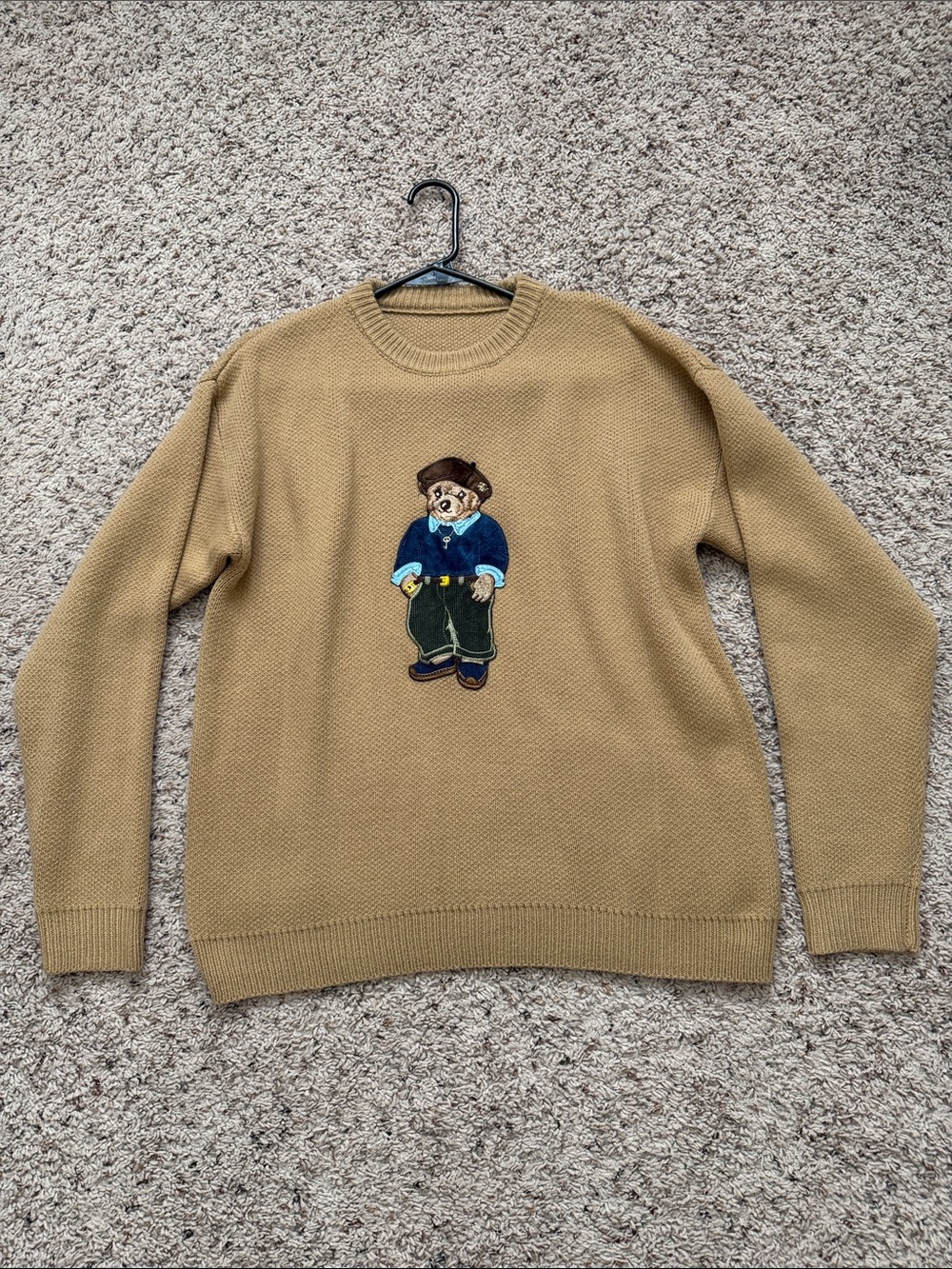 Tan Crewneck Sweater with Embroidered Bear Motif